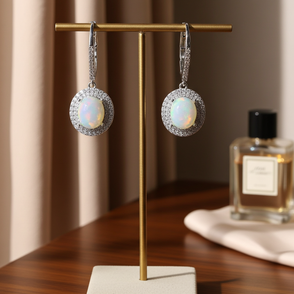 Large Fire Opal Dangle Earrings 8x10mm 925 Sterling Silver
