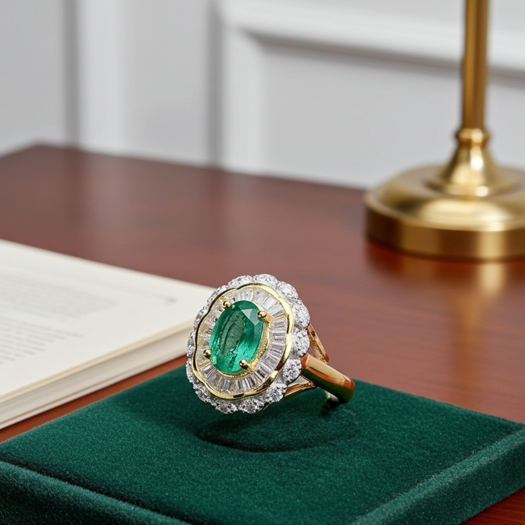 Colombian Emerald Two Tone Cocktail Ring 5x7mm