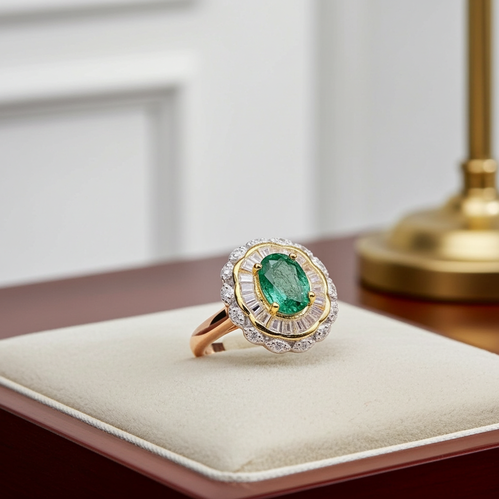 Colombian Emerald Two Tone Cocktail Ring 5x7mm