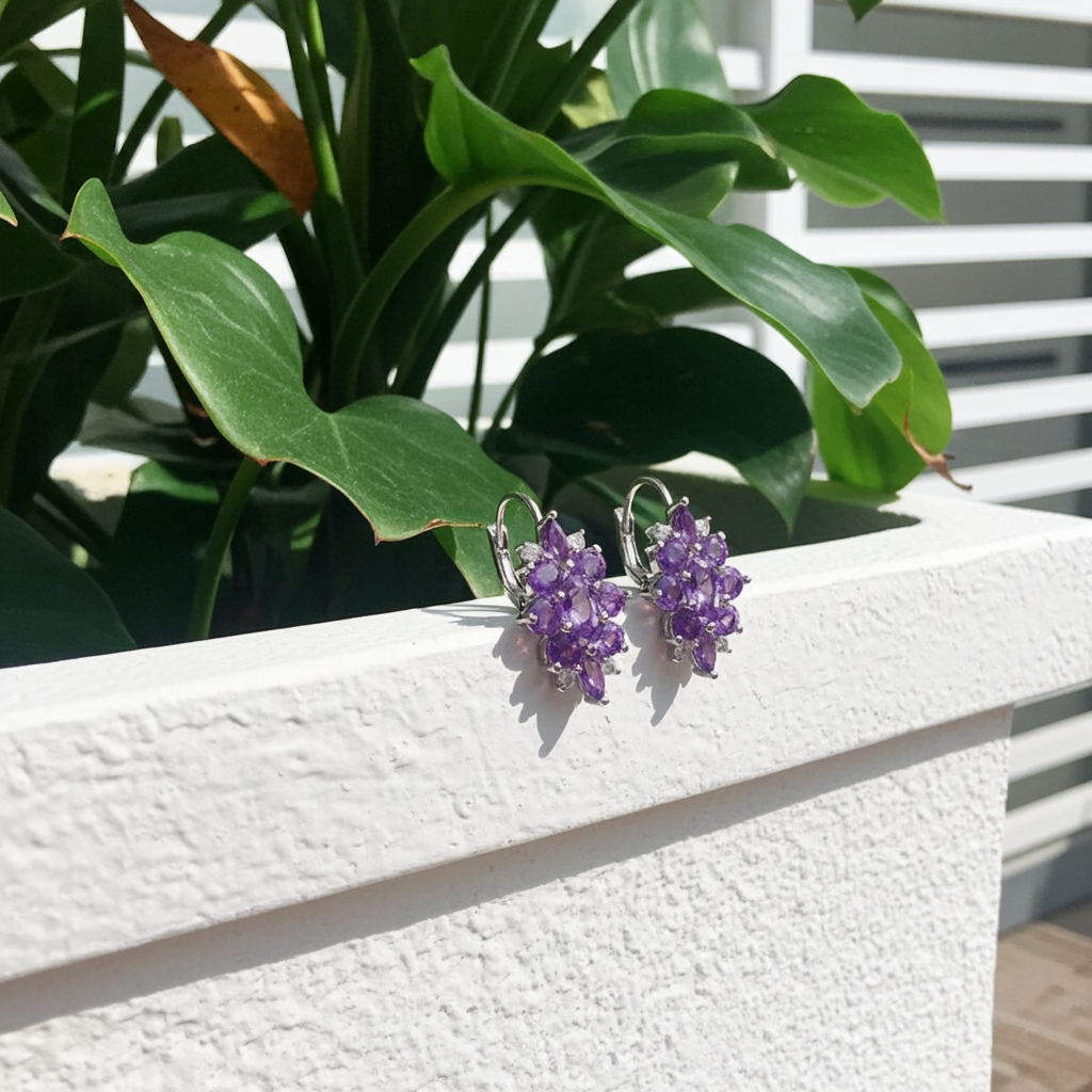 Purple Amethyst Gemstone Earrings 925 Sterling Silver