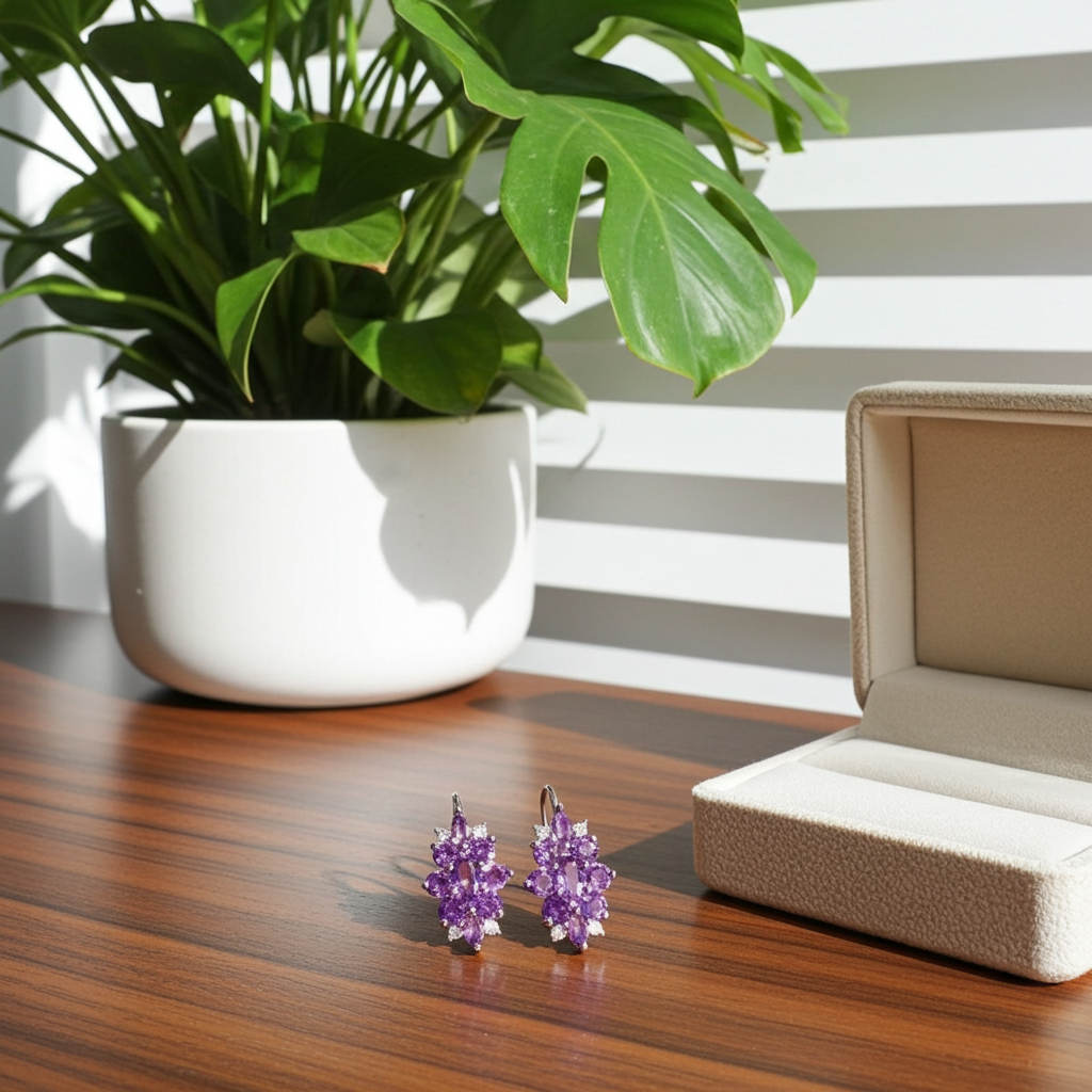 Purple Amethyst Gemstone Earrings 925 Sterling Silver