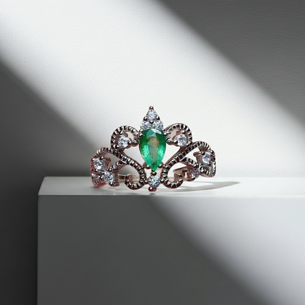 Natural Colombian Emerald Lace Cocktail Ring, Emerald Ring Sterling Silver 4x6mm