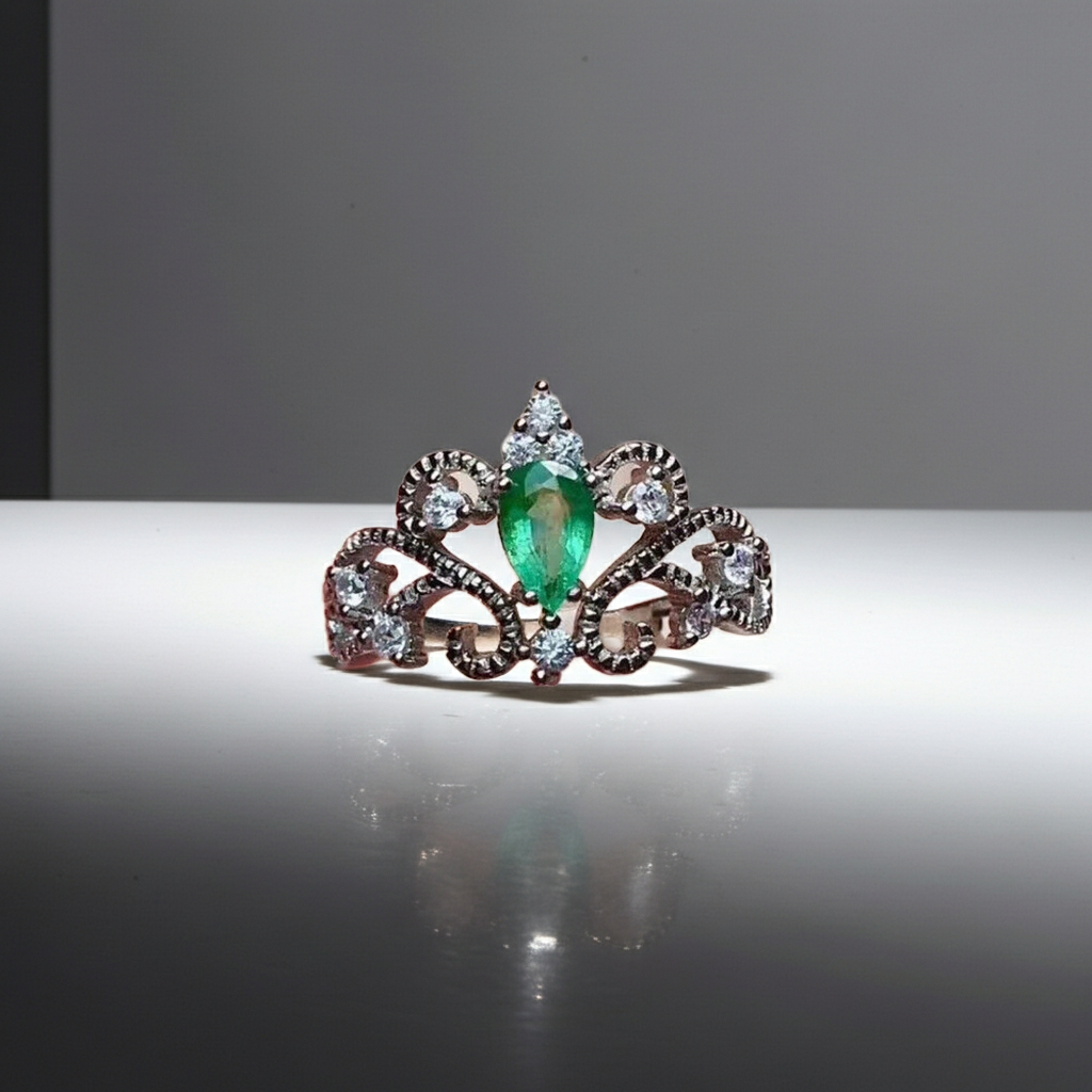 Natural Colombian Emerald Lace Cocktail Ring, Emerald Ring Sterling Silver 4x6mm