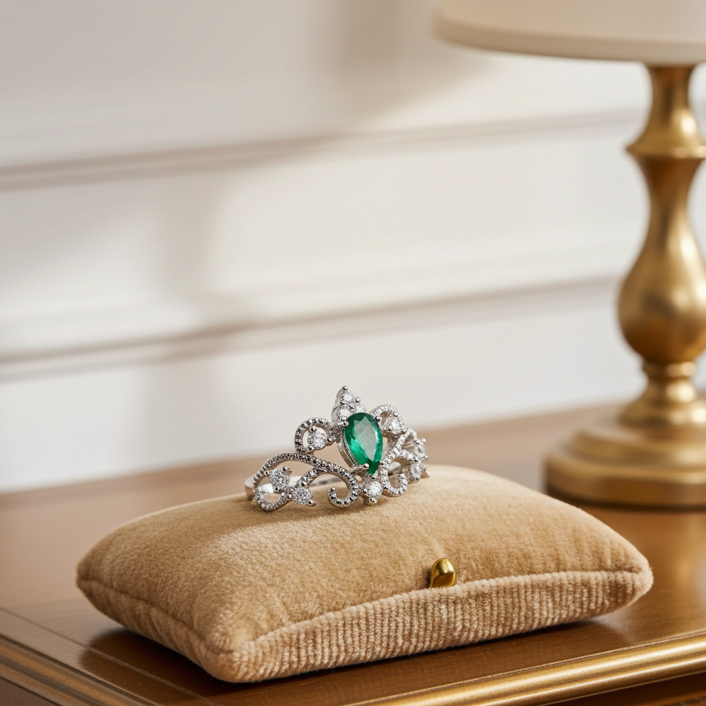 Natural Colombian Emerald Lace Cocktail Ring, Emerald Ring Sterling Silver 4x6mm