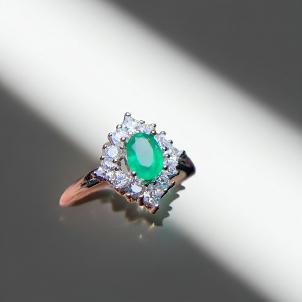 Natural Emerald Ring, Women's Emerald Cluster Ring 4x6mm Sterling Silver