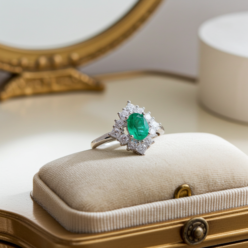 Natural Emerald Ring, Women's Emerald Cluster Ring 4x6mm Sterling Silver