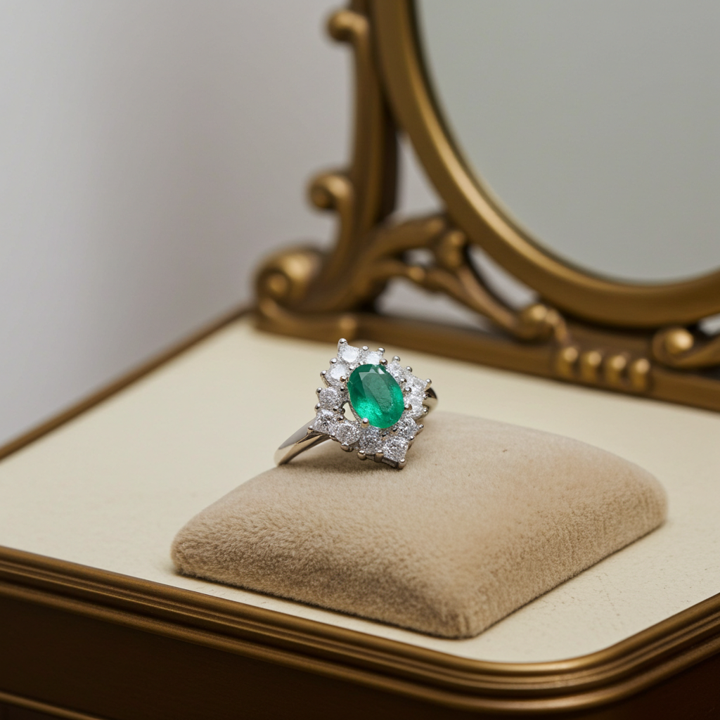 Natural Emerald Ring, Women's Emerald Cluster Ring 4x6mm Sterling Silver