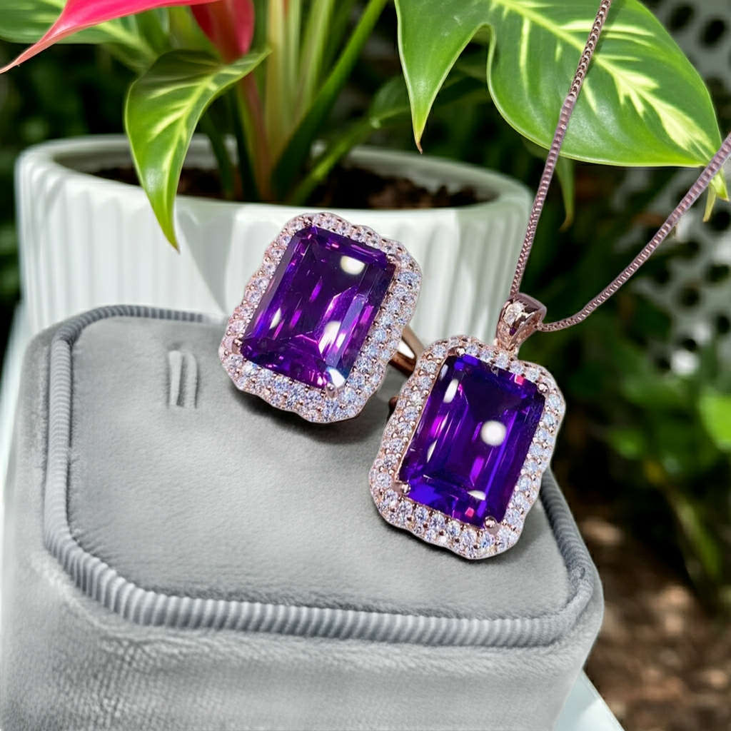 15CT Emerald Cut Amethyst Jewelry Set 10x14mm