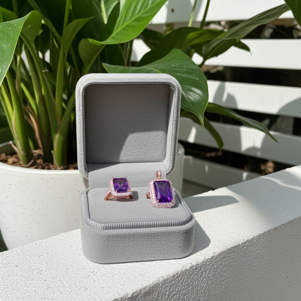 15CT Emerald Cut Amethyst Jewelry Set 10x14mm