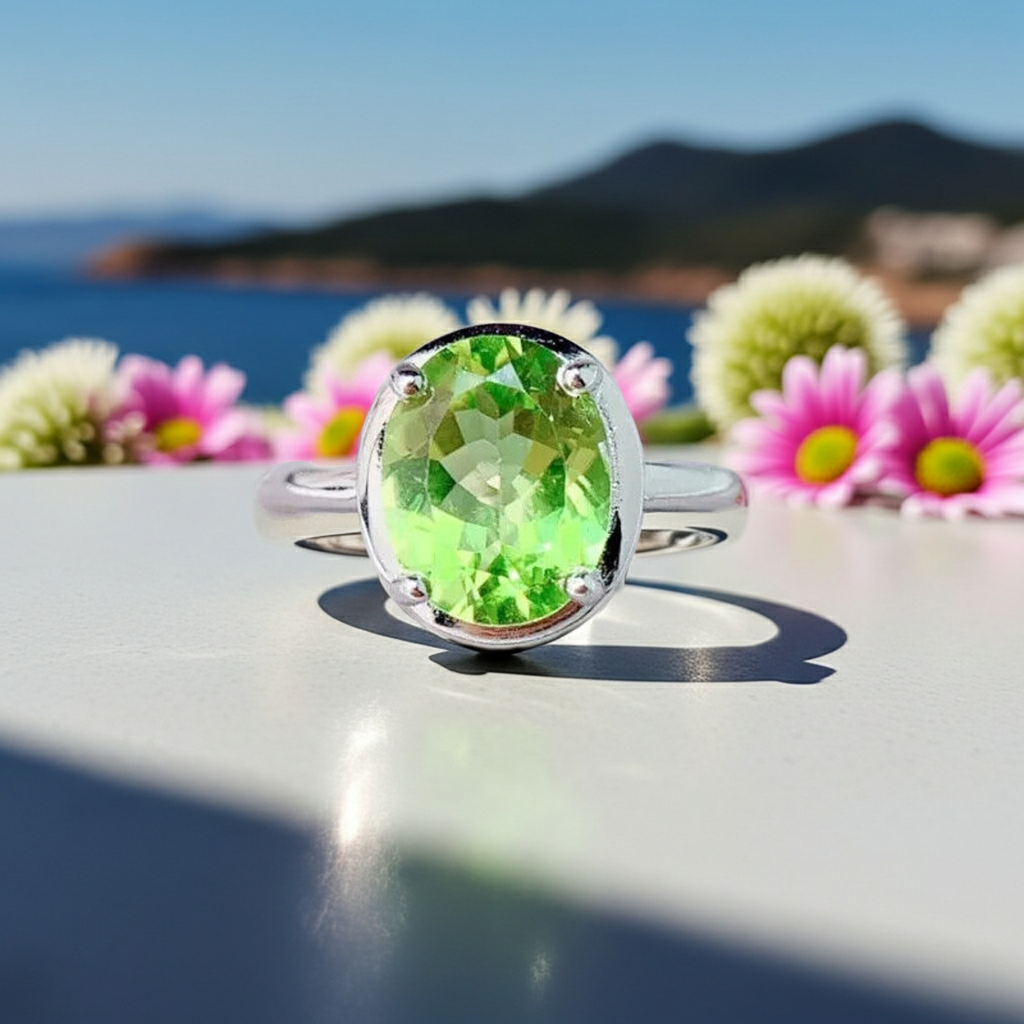 Natural Peridot Gemstone Ring 8x10mm 2.5CT, August Birthstone Peridot Ring
