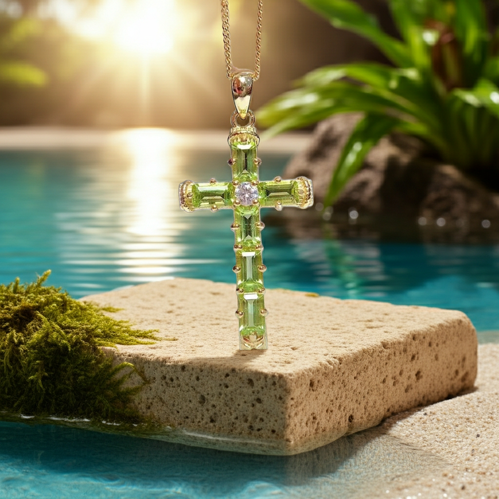August Birthstone Peridot Gemstone Cross Necklace 3x5mm