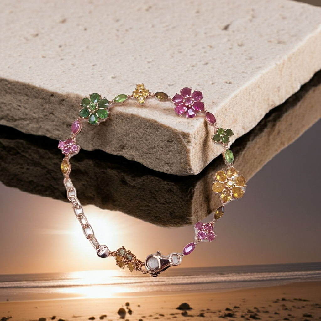 Natural Brazilian Tourmaline Tennis Bracelet, Tourmaline Flower Bracelet