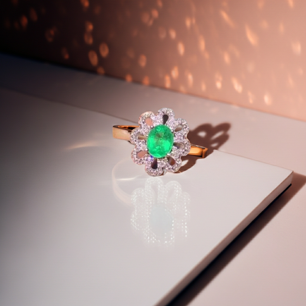 Natural Emerald Ring, Emerald Flower Ring Sterling Silver 4x6mm, Genuine Emerald