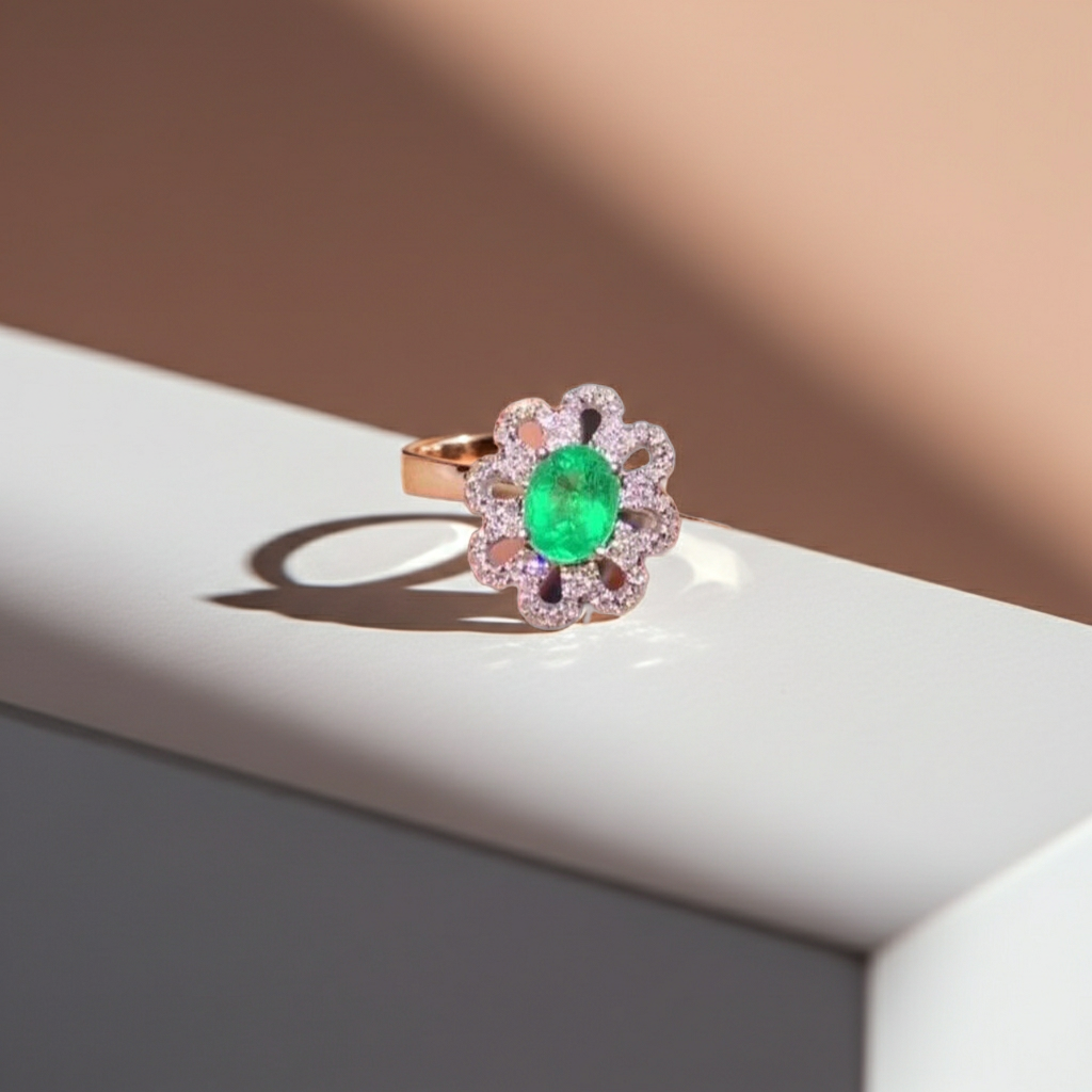 Natural Emerald Ring, Emerald Flower Ring Sterling Silver 4x6mm, Genuine Emerald