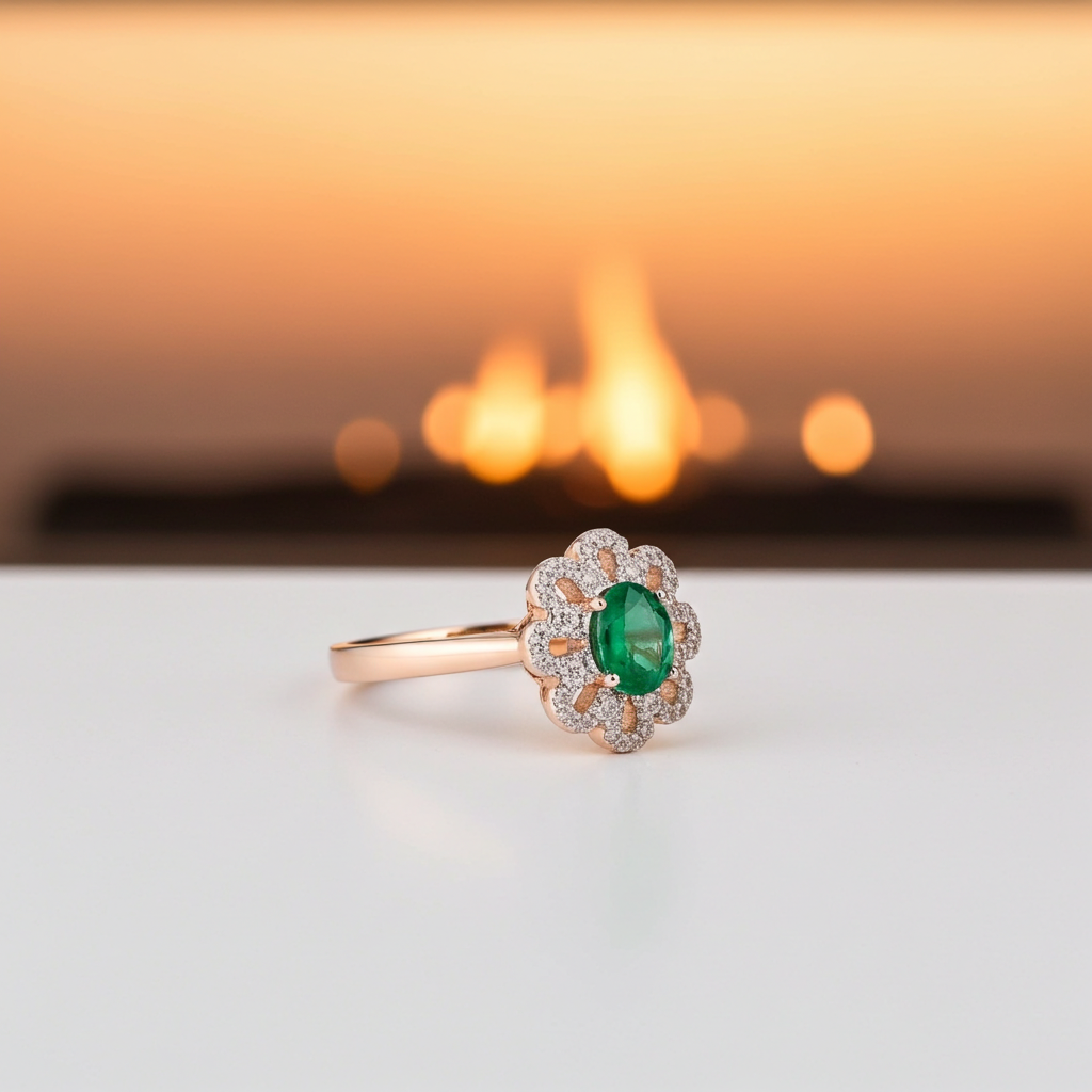 Natural Emerald Ring, Emerald Flower Ring Sterling Silver 4x6mm, Genuine Emerald