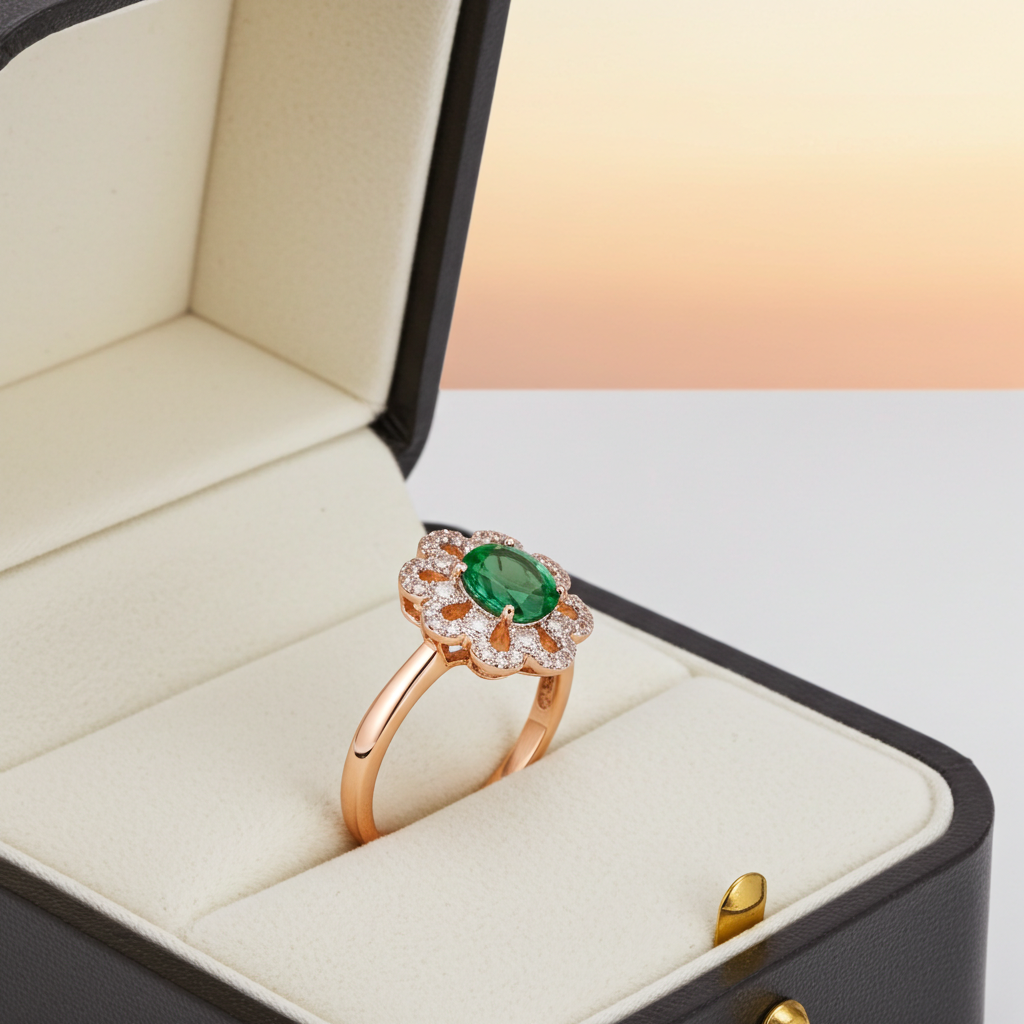 Natural Emerald Ring, Emerald Flower Ring Sterling Silver 4x6mm, Genuine Emerald