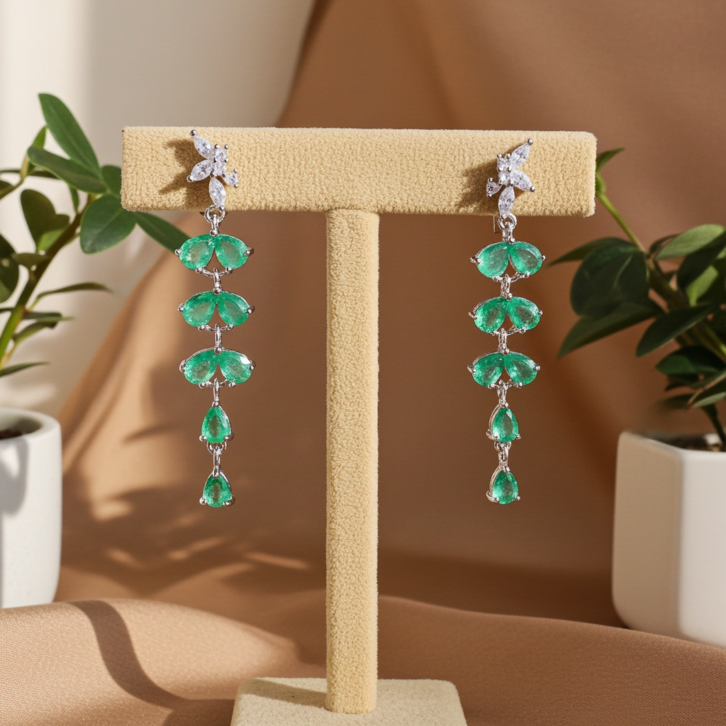 Natural Emerald Drop Dangle Leaflet Earrings 3x4mm