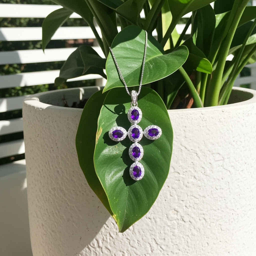Purple Amethyst Cross Necklace 925 Sterling Silver