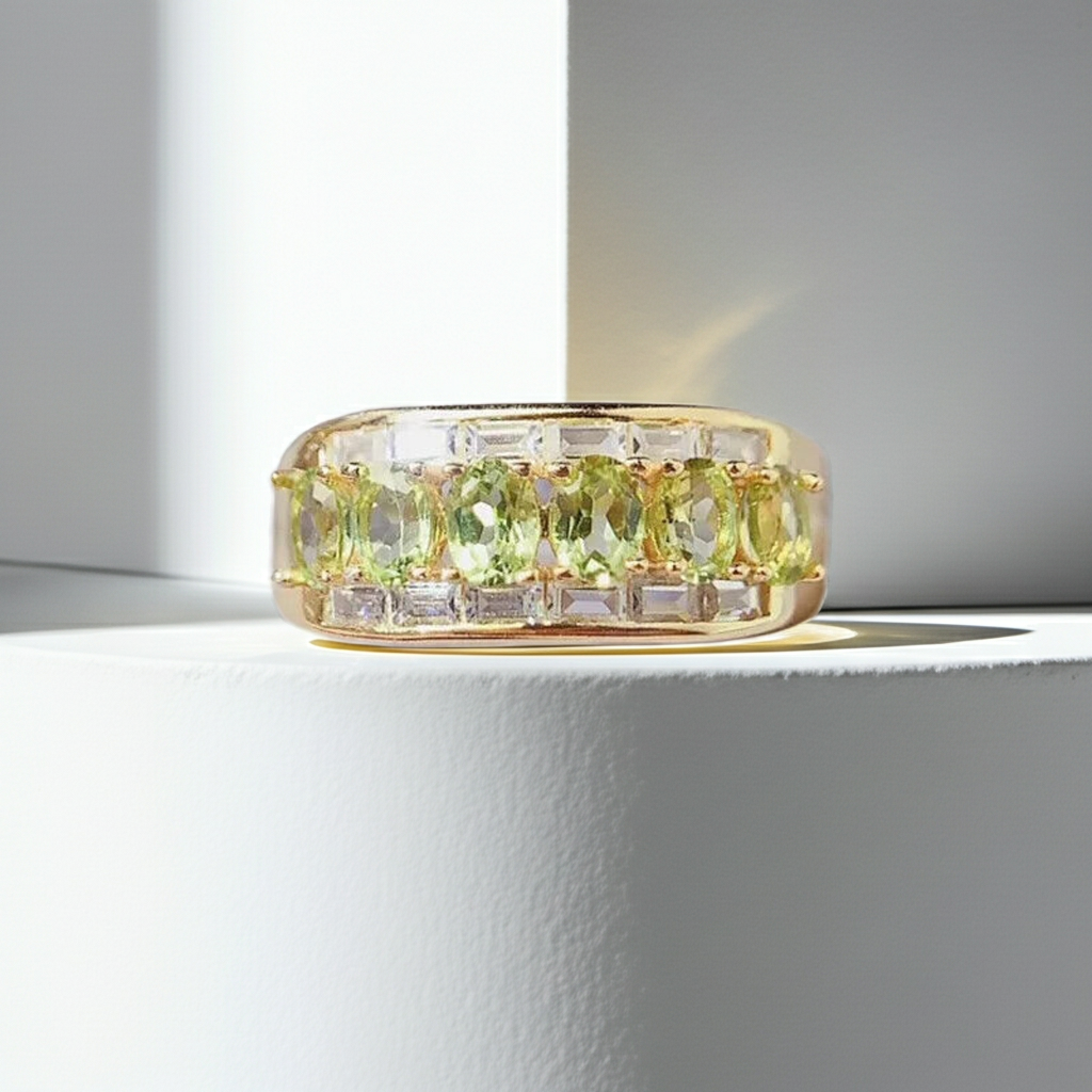Natural Peridot Gemstone Band Ring 3x4mm, August Birthstone Peridot Ring