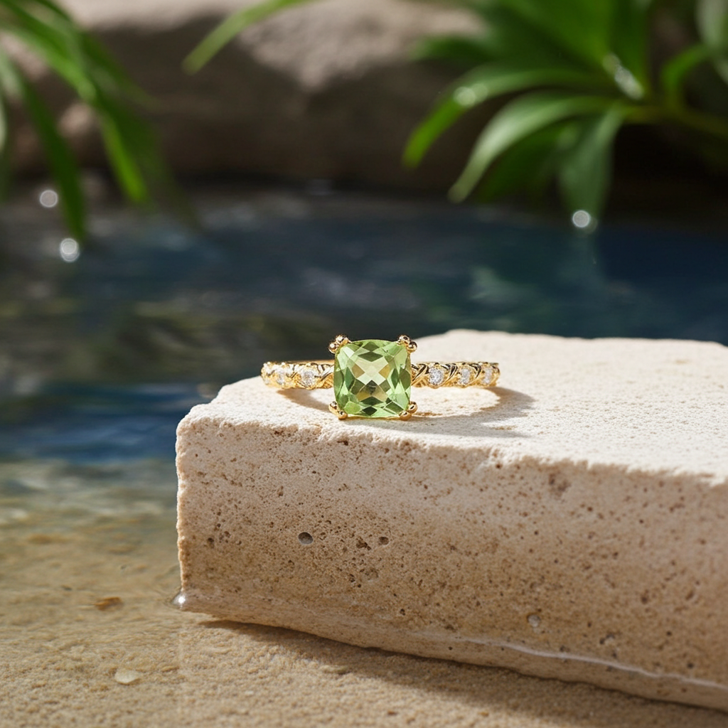 Natural Peridot Cushion Cut Gemstone Ring 6mm, August Birthstone Peridot Ring