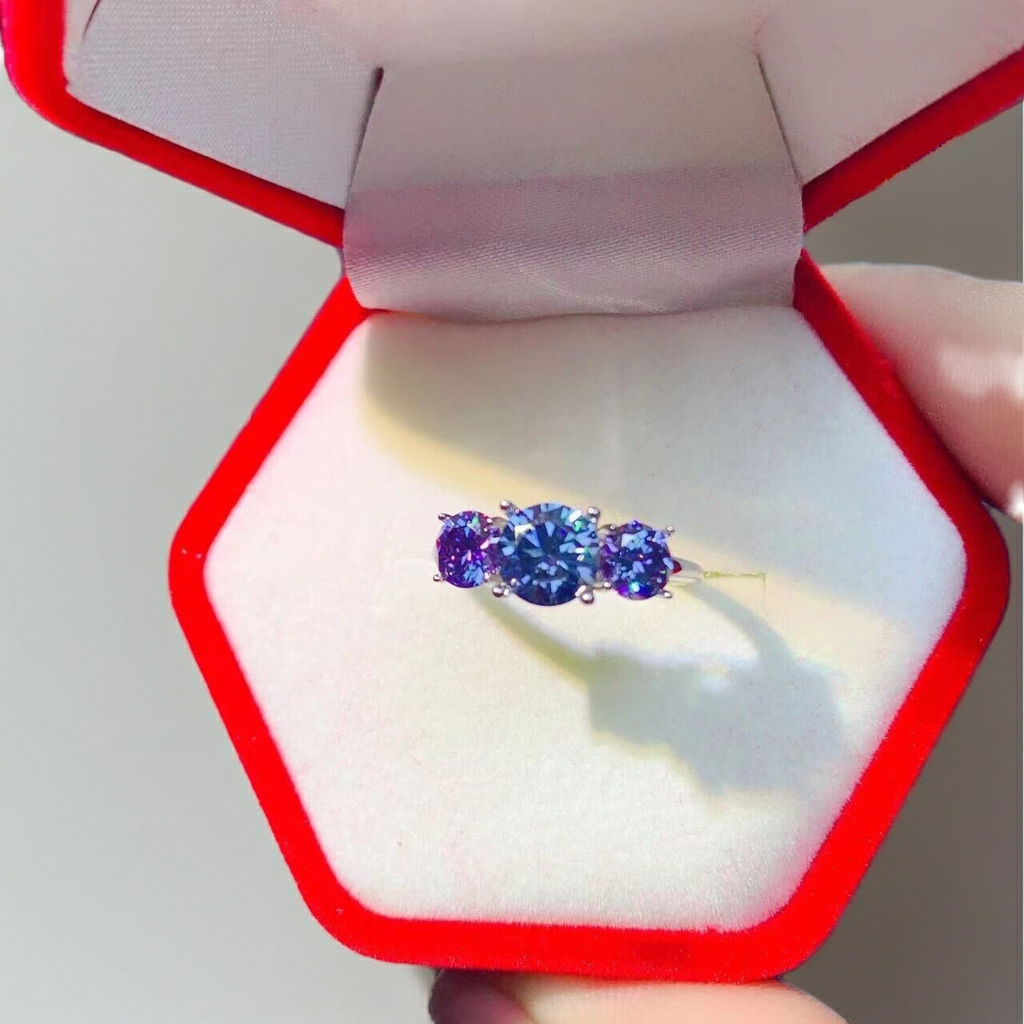 VVS1 Blue Moissanite 3 Stone Ring 925 Sterling Silver