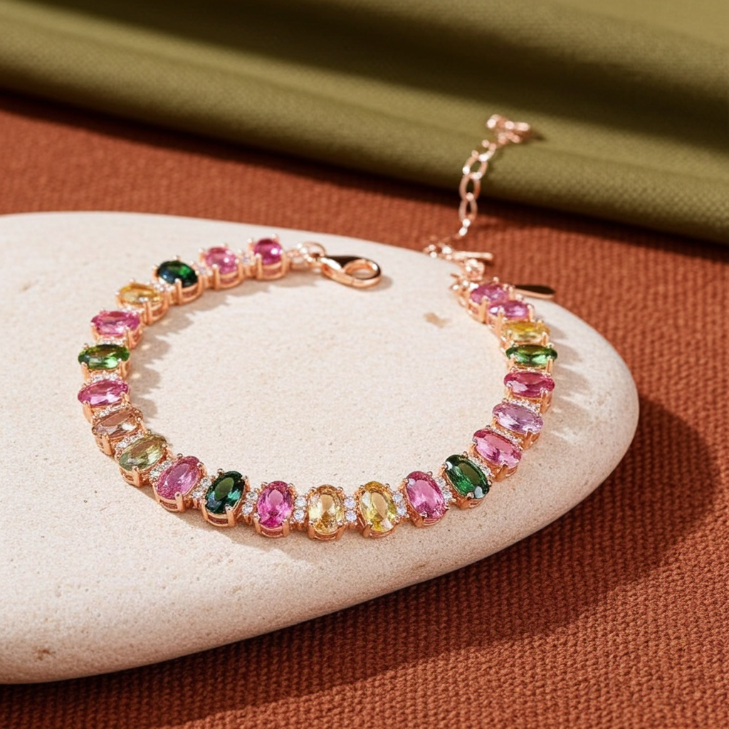 Multicolor Brazilian Tourmaline Gemstone Tennis Bracelet