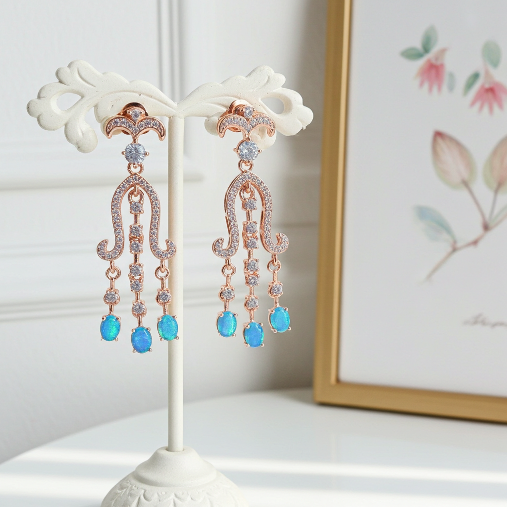 Blue Opal Chandelier Earrings 3x4mm 925 Sterling Silver