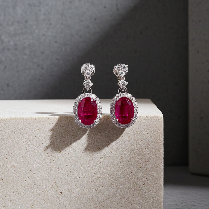 Delicate Ruby Dangle Earrings 925 Sterling Silver 5x7mm