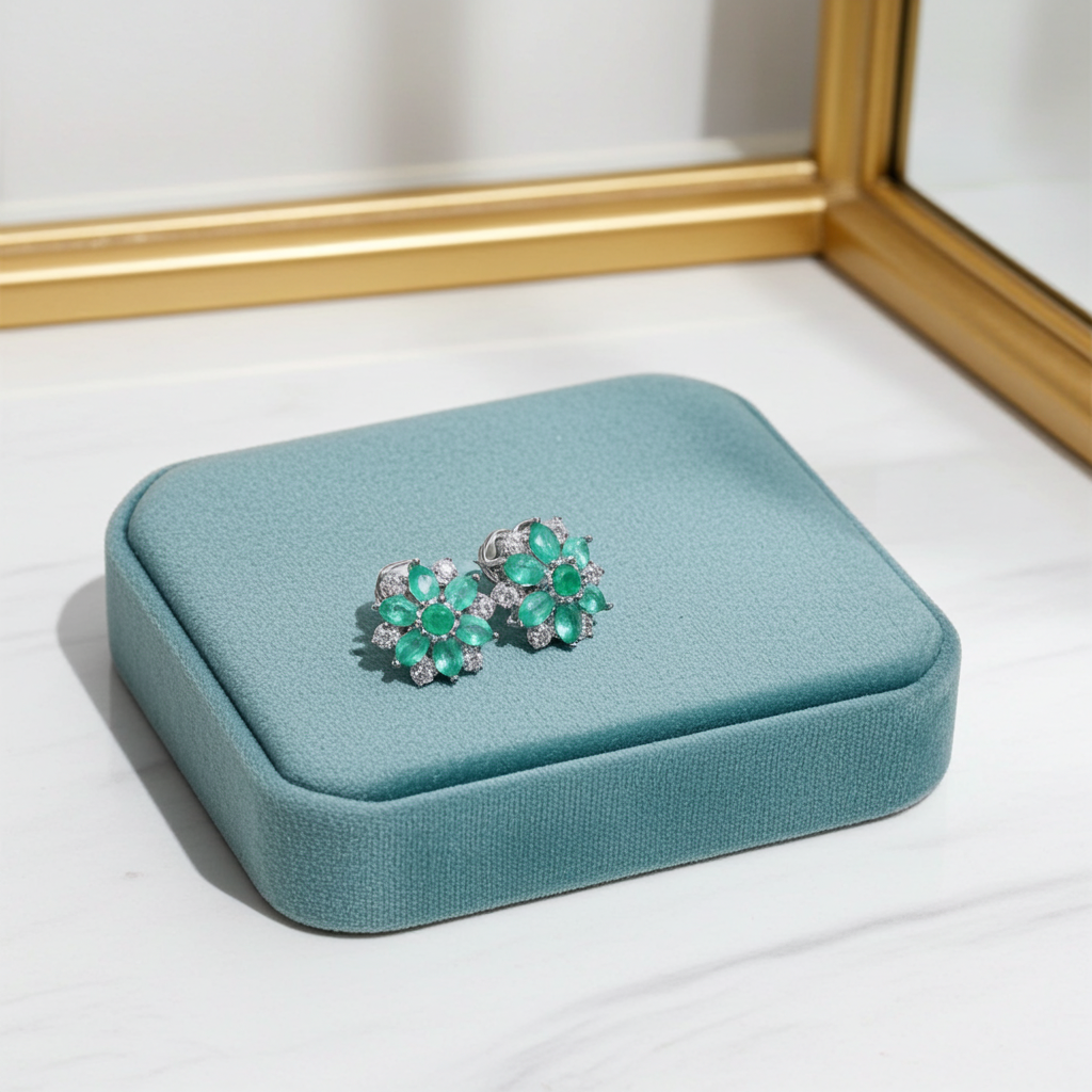 Natural Emerald Flower Cluster Earrings 925 Sterling Silver