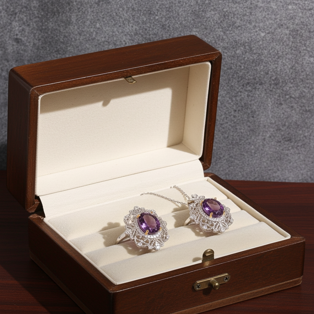 2.5CT Genuine Amethyst Gemstone Pendant and Ring Jewelry Set