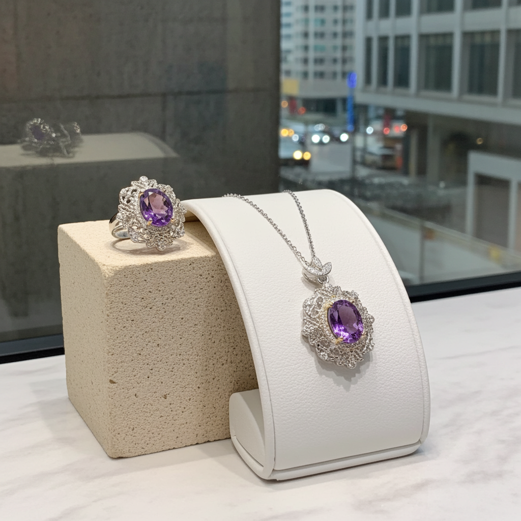 2.5CT Genuine Amethyst Gemstone Pendant and Ring Jewelry Set