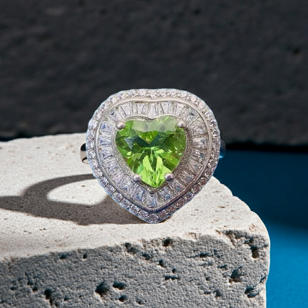 Natural Peridot Gemstone Ring 8mm, August Birthstone Peridot Statement Ring