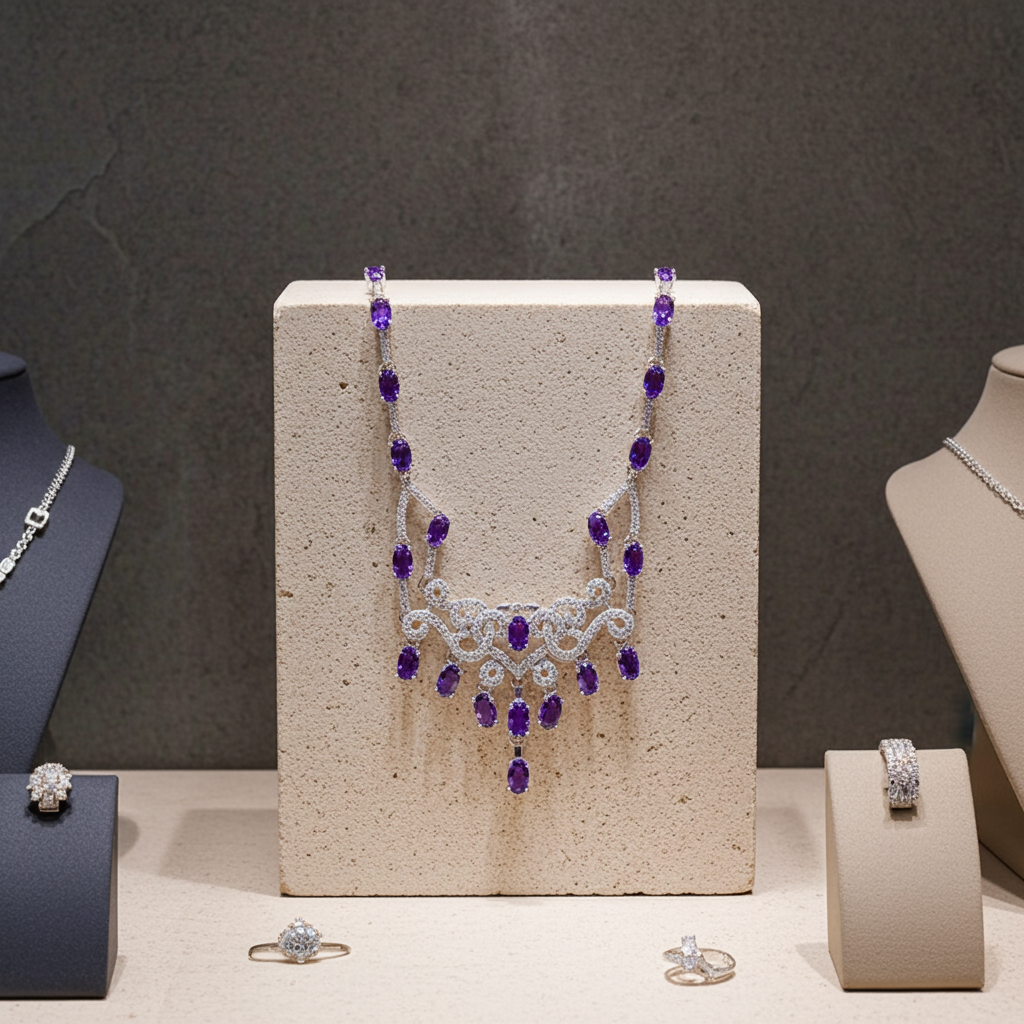 Purple Amethyst Statement Necklace, Natural Amethyst Gemstone Necklace 925