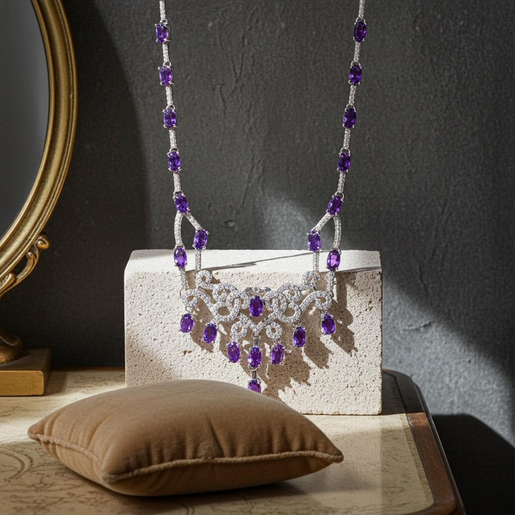 Purple Amethyst Statement Necklace, Natural Amethyst Gemstone Necklace 925