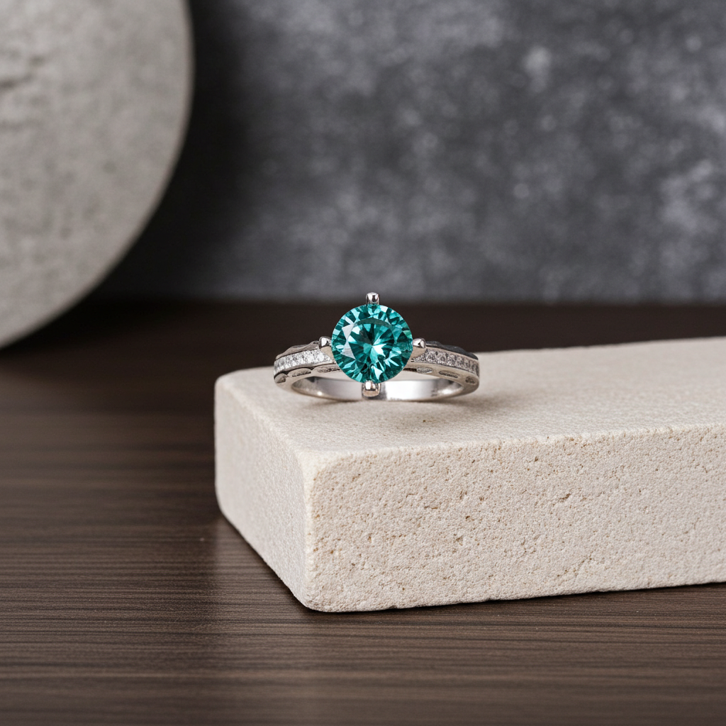 VVS1 1CT Round Brilliant Cut Green Moissanite Cocktail Ring