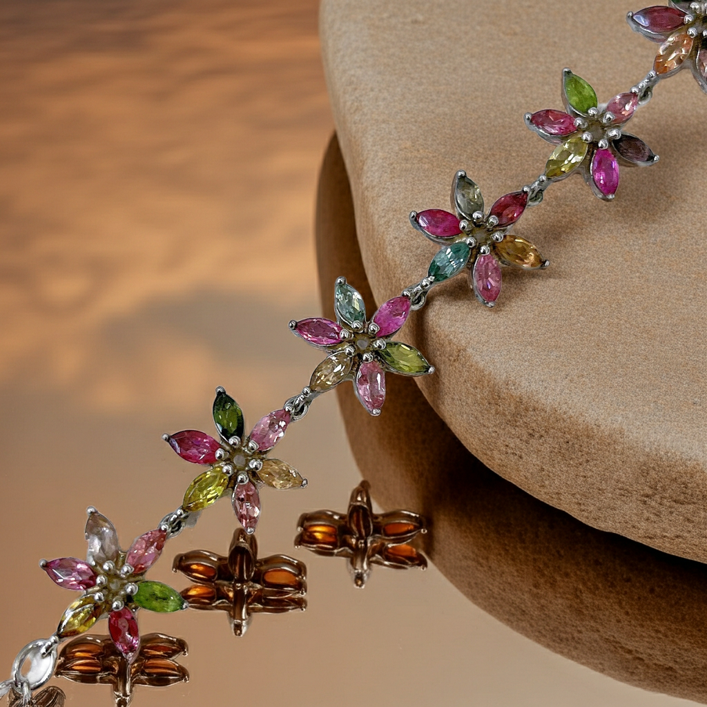 Natural Brazilian Tourmaline Tennis Bracelet, Tourmaline Flower Bracelet