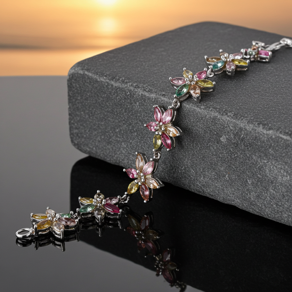 Natural Brazilian Tourmaline Tennis Bracelet, Tourmaline Flower Bracelet