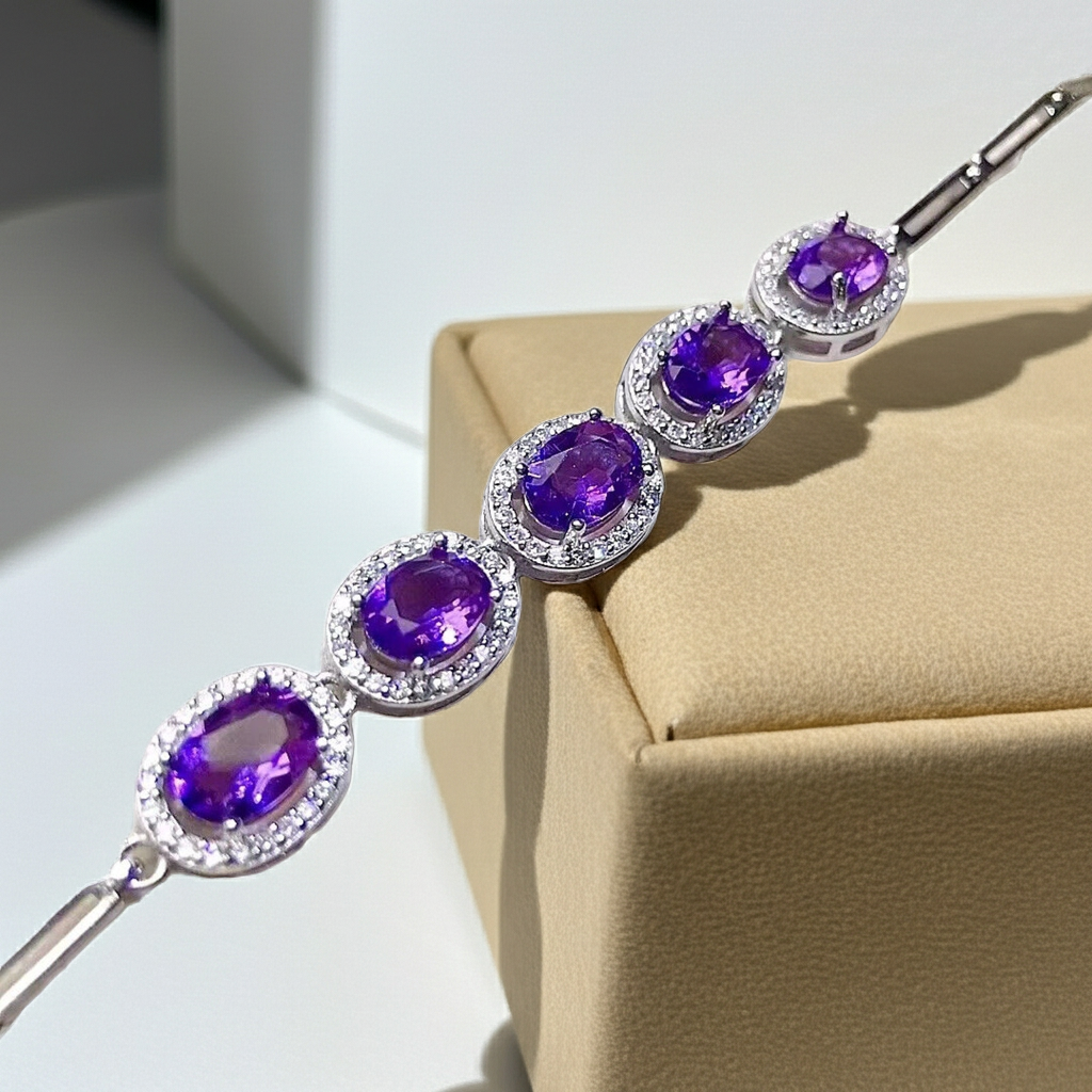 Natural Amethyst Gemstone Tennis Bracelet, Paperclip Chain Amethyst Bracelet