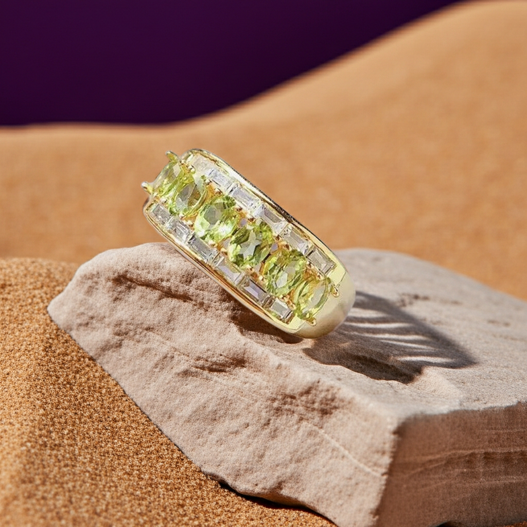 Natural Peridot Gemstone Band Ring 3x4mm, August Birthstone Peridot Ring