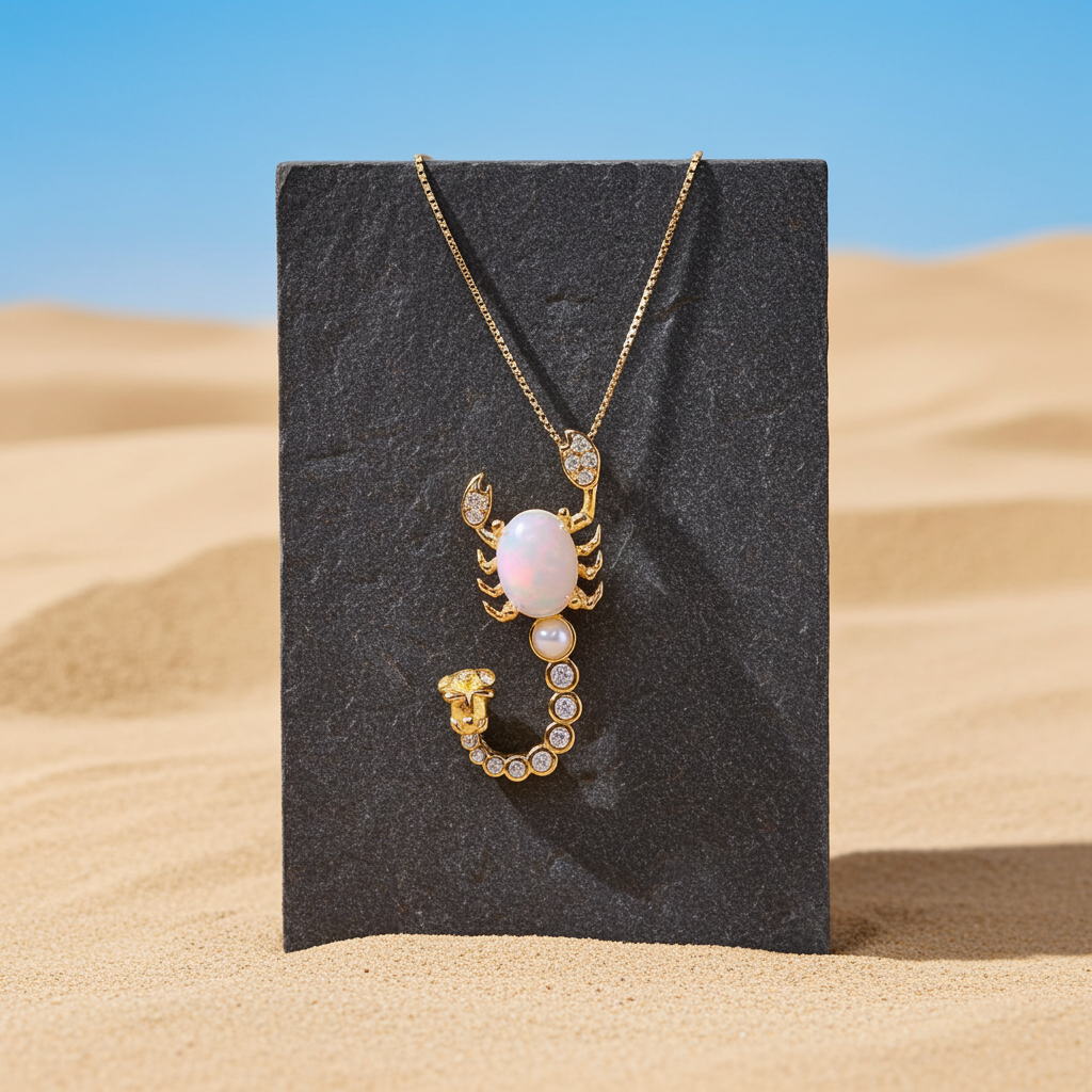 Natural White Fire Opal Scorpion Necklace 925 Sterling Silver