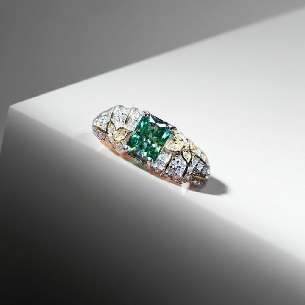 VVS1 1 Carat Radiant Cut Green Moissanite Ring