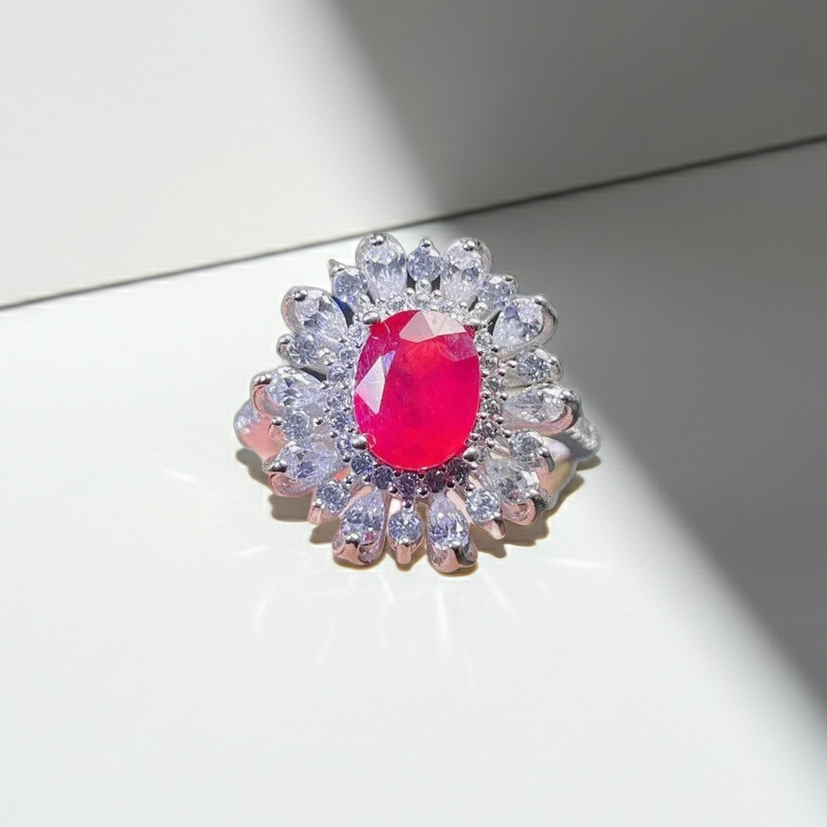 Burma Ruby Cluster Ring 6x8mm Platinum Plated