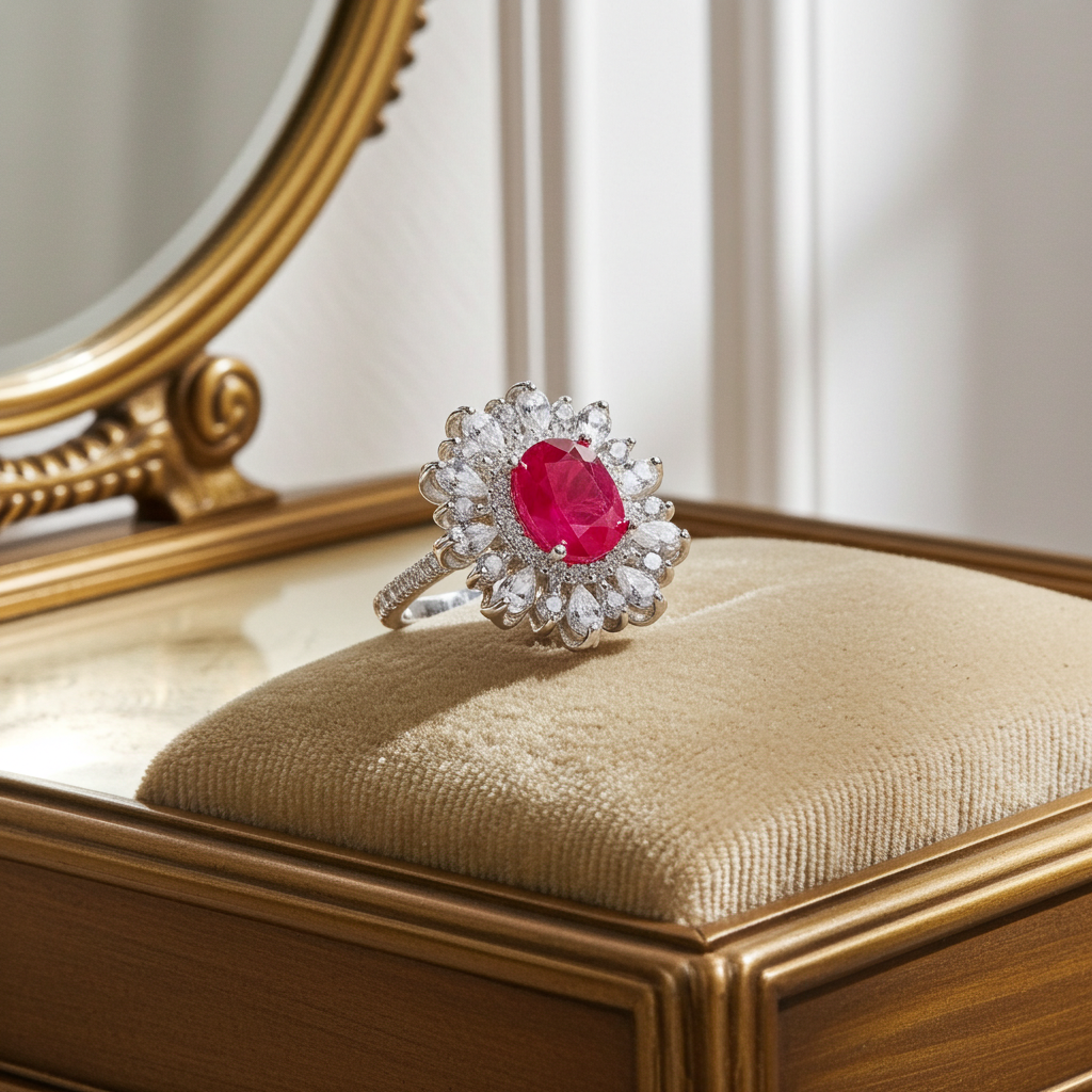 Burma Ruby Cluster Ring 6x8mm Platinum Plated