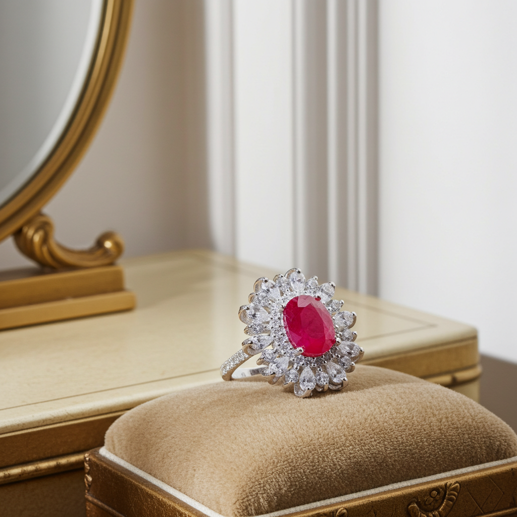 Burma Ruby Cluster Ring 6x8mm Platinum Plated