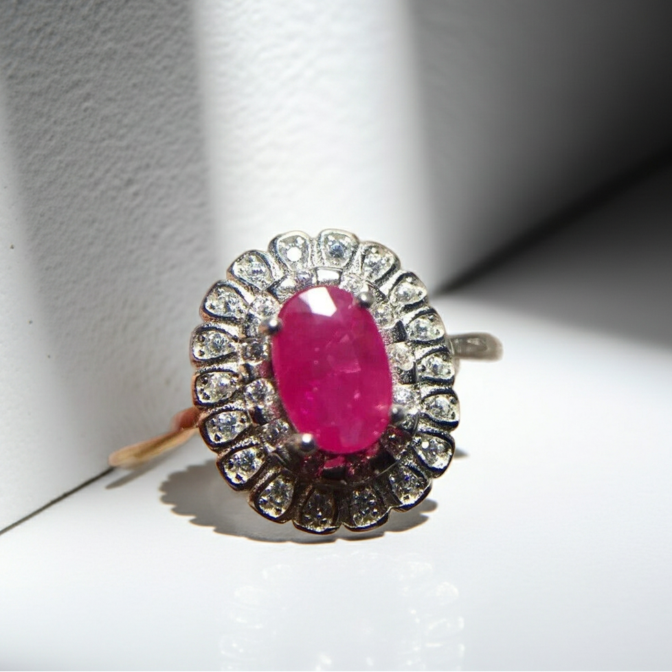 Natural Pink Ruby Ring 4x6mm, Burma Ruby Cluster Ring
