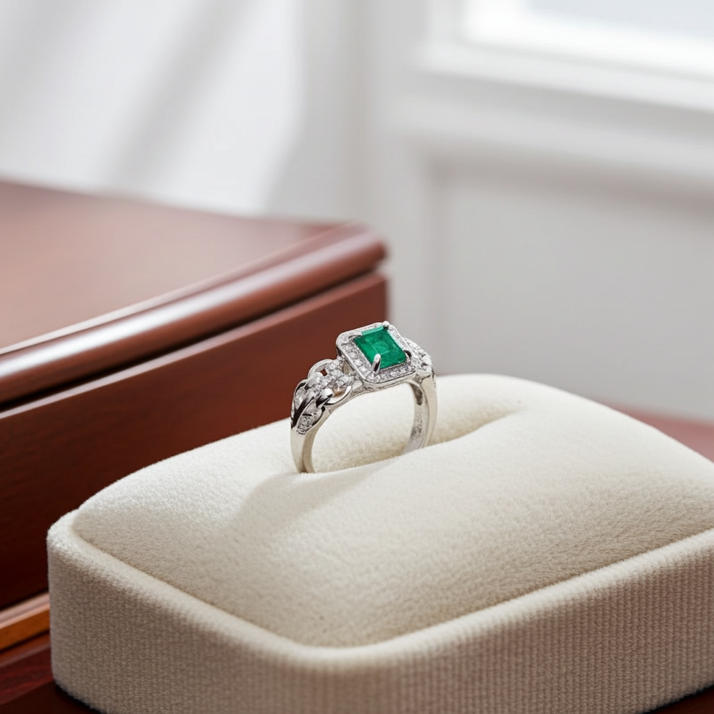 Natural Colombian Emerald Gemstone Ring 7mm Platinum Plated 925 Silver