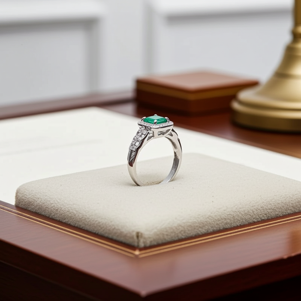 Natural Colombian Emerald Gemstone Ring 7mm Platinum Plated 925 Silver