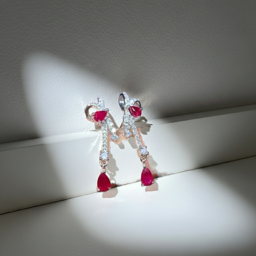 Natural Ruby Pear Cut Dangle Earrings 3x4mm Platinum Plated