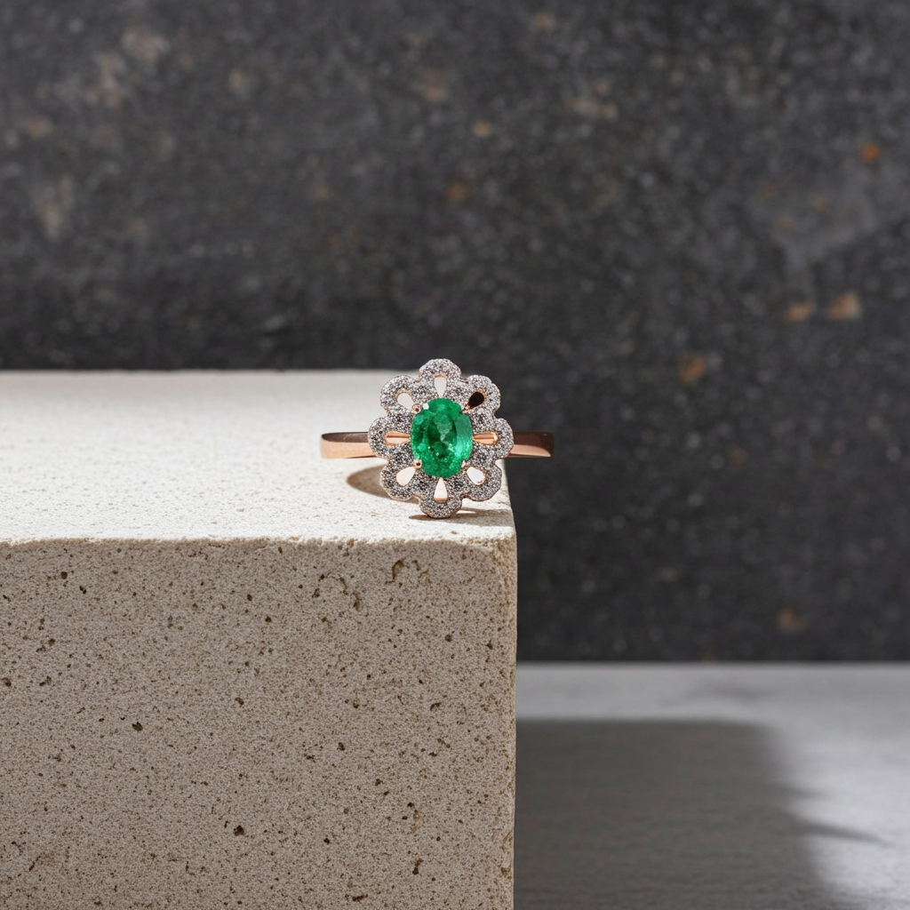 Natural Emerald Ring, Emerald Flower Ring Sterling Silver 4x6mm, Genuine Emerald