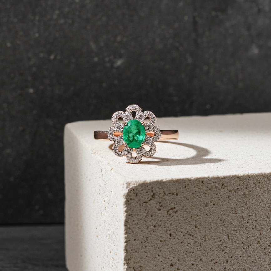 Natural Emerald Ring, Emerald Flower Ring Sterling Silver 4x6mm, Genuine Emerald